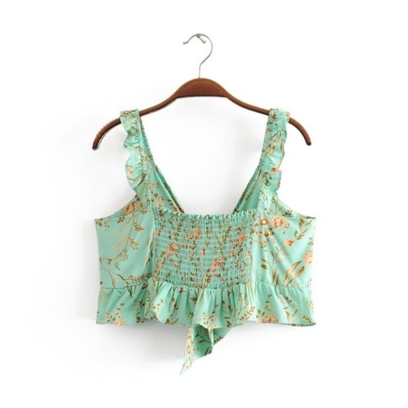 Boho floral Print Front tie Mint Crop Top gypsy - Picture 7 of 8